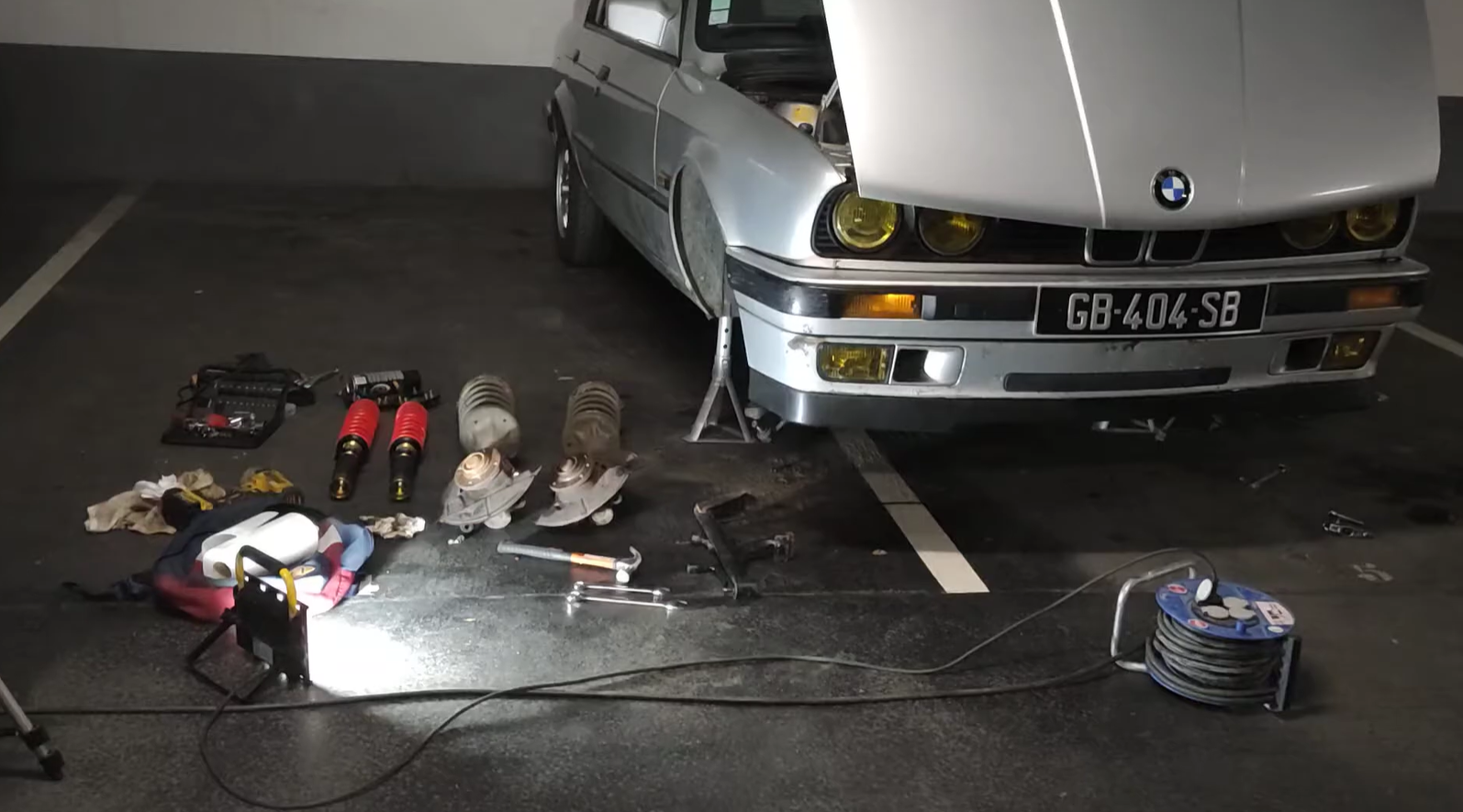 BMW E30 front view with suspension rebuild components